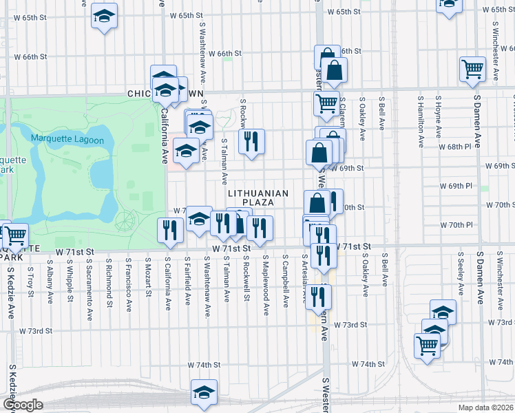 map of restaurants, bars, coffee shops, grocery stores, and more near 2554 West 70th Street in Chicago