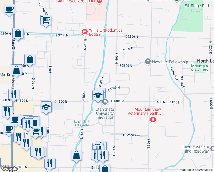 map of restaurants, bars, coffee shops, grocery stores, and more near 534 East 2000 North in North Logan