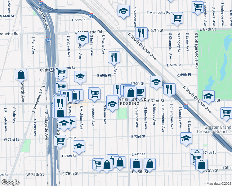 map of restaurants, bars, coffee shops, grocery stores, and more near South Calumet Avenue in Chicago