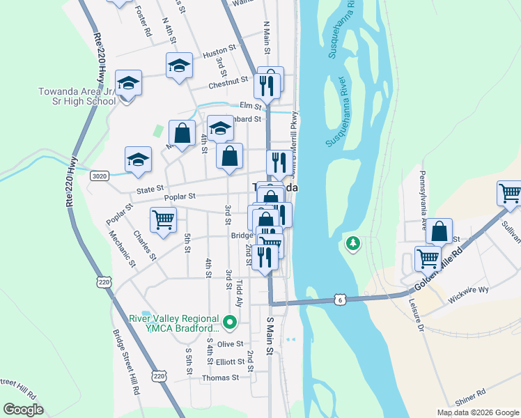 map of restaurants, bars, coffee shops, grocery stores, and more near 102 Pine Street in Towanda