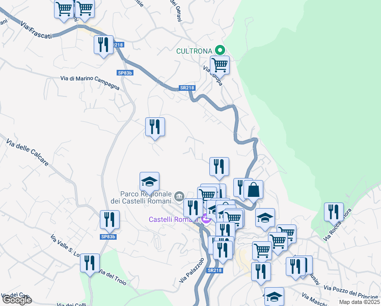 map of restaurants, bars, coffee shops, grocery stores, and more near 25 Via Focicchia in Rocca di Papa