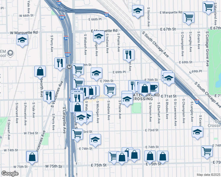 map of restaurants, bars, coffee shops, grocery stores, and more near 7029 South Indiana Avenue in Chicago