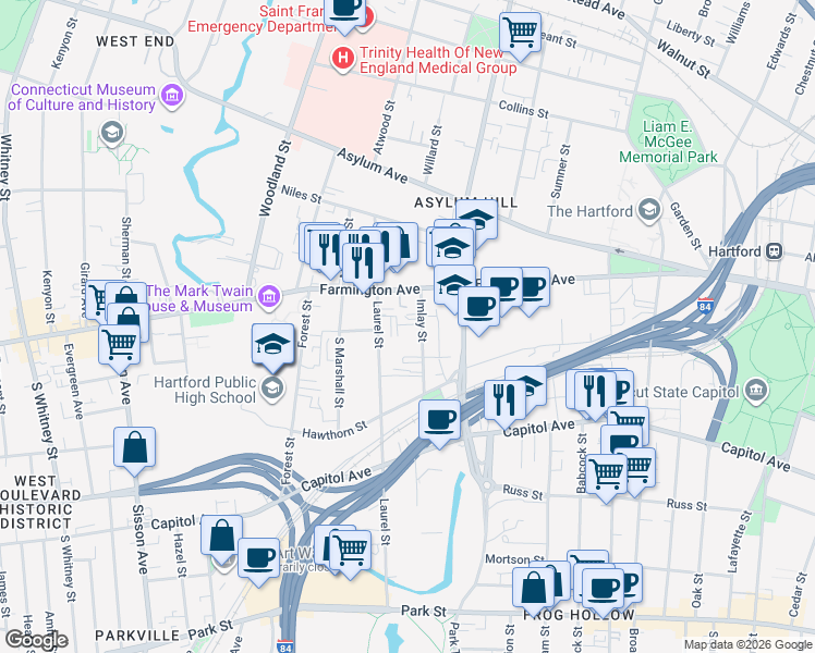 map of restaurants, bars, coffee shops, grocery stores, and more near 39 Imlay Street in Hartford