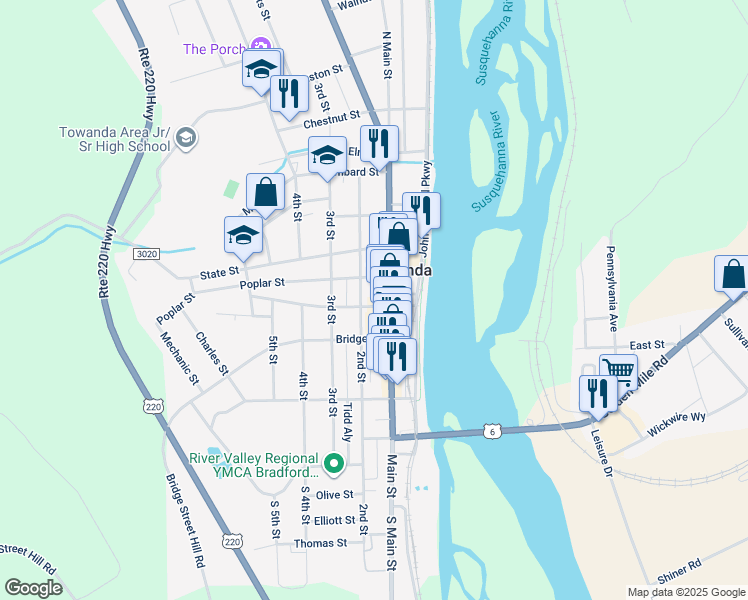 map of restaurants, bars, coffee shops, grocery stores, and more near 402 2nd Street in Towanda