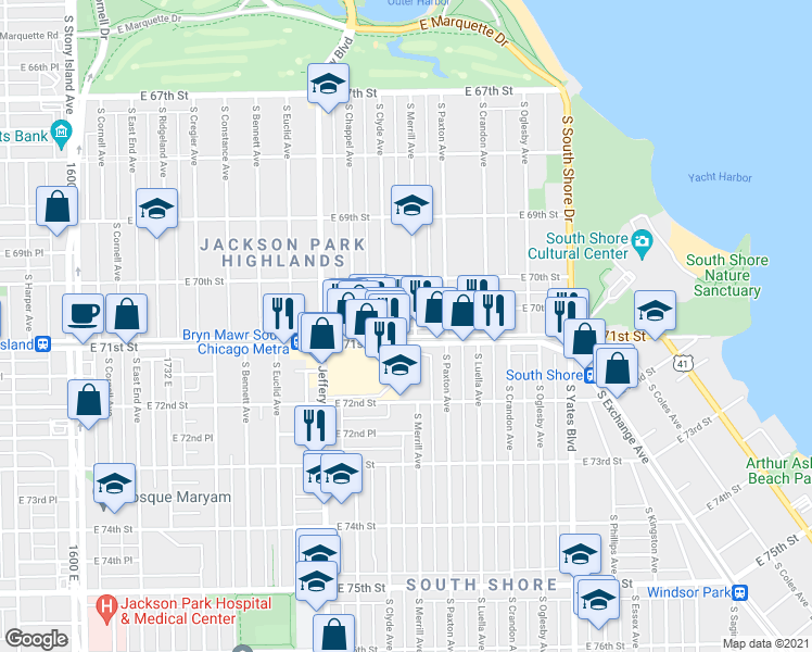 map of restaurants, bars, coffee shops, grocery stores, and more near 7104 South Merrill Avenue in Chicago