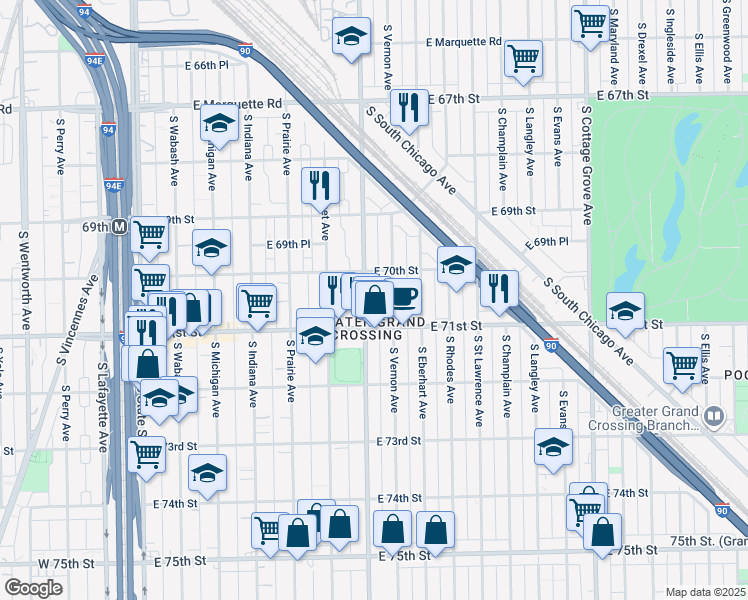 map of restaurants, bars, coffee shops, grocery stores, and more near 7053 South King Drive in Chicago