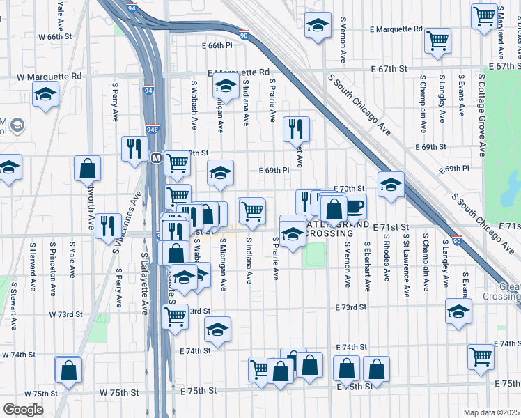 map of restaurants, bars, coffee shops, grocery stores, and more near 7025 South Indiana Avenue in Chicago