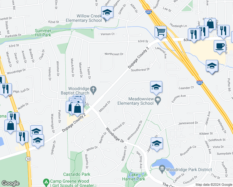 map of restaurants, bars, coffee shops, grocery stores, and more near 6602 Westmoreland Drive in Woodridge