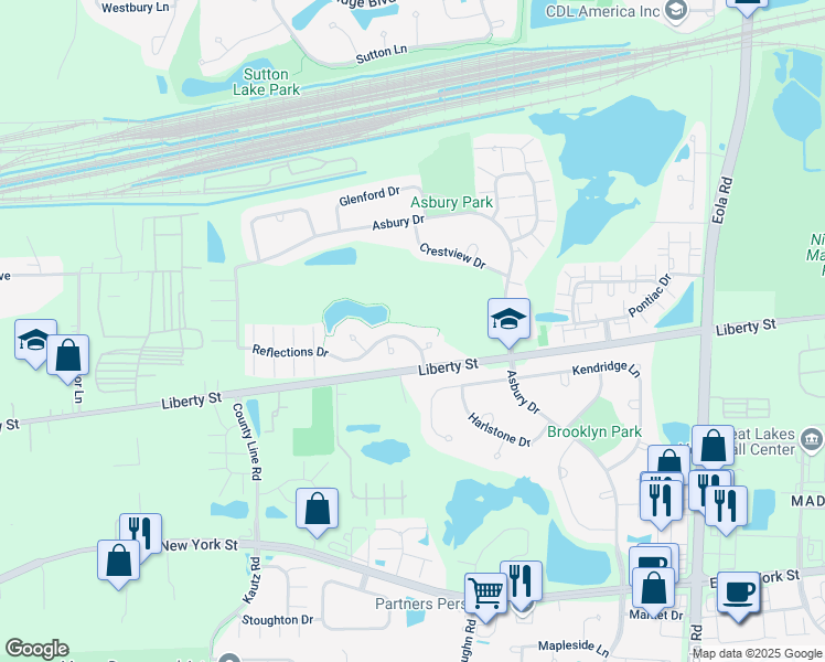 map of restaurants, bars, coffee shops, grocery stores, and more near 2505 Reflections Drive in Aurora