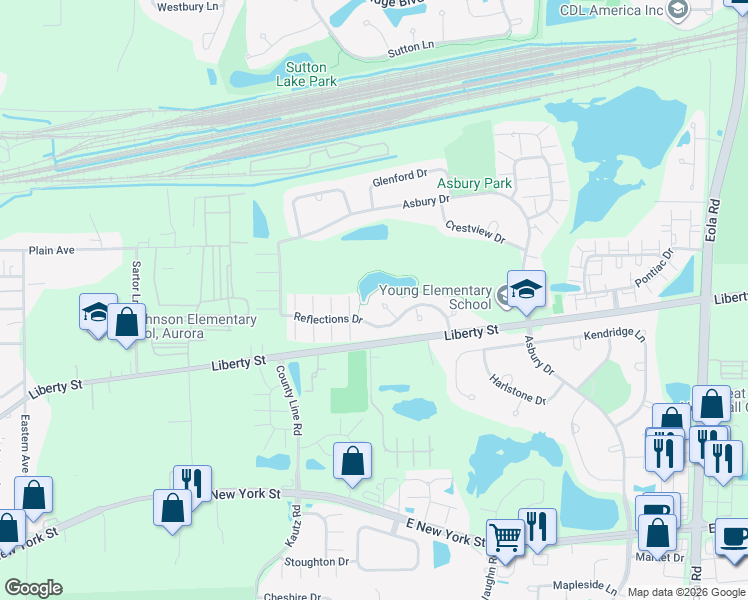 map of restaurants, bars, coffee shops, grocery stores, and more near 2368 Reflections Drive in Aurora