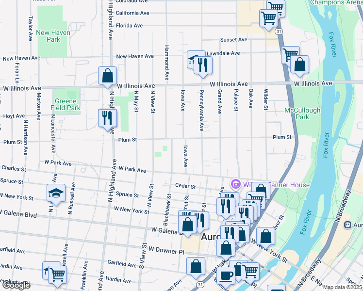 map of restaurants, bars, coffee shops, grocery stores, and more near 432 Iowa Avenue in Aurora