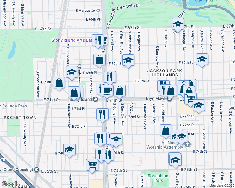 map of restaurants, bars, coffee shops, grocery stores, and more near 7028 South Cornell Avenue in Chicago