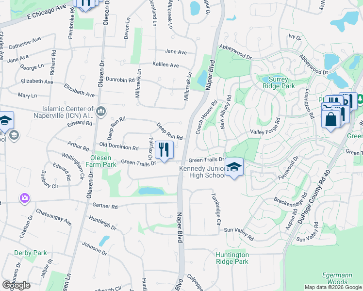 map of restaurants, bars, coffee shops, grocery stores, and more near 1409 Green Trails Drive in Naperville