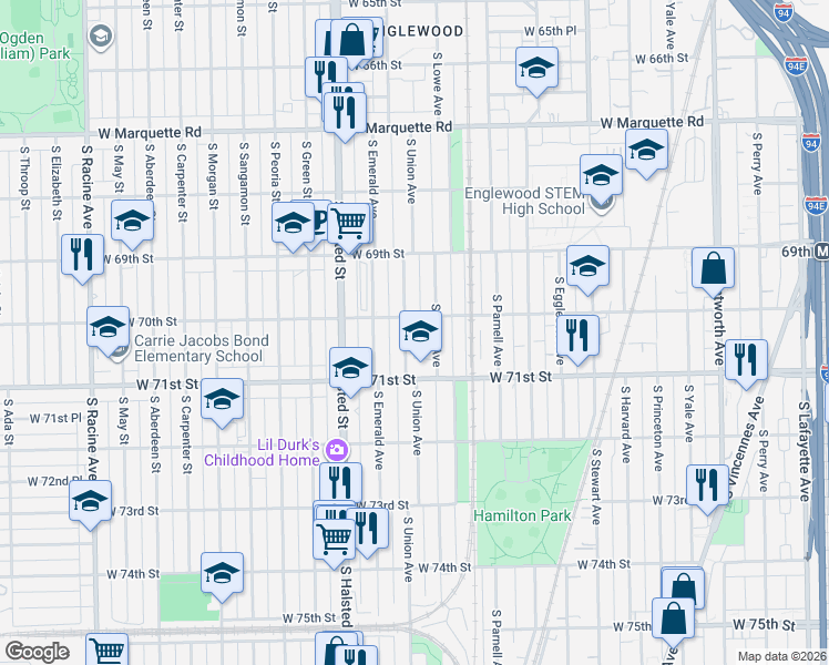 map of restaurants, bars, coffee shops, grocery stores, and more near 7011 South Union Avenue in Chicago