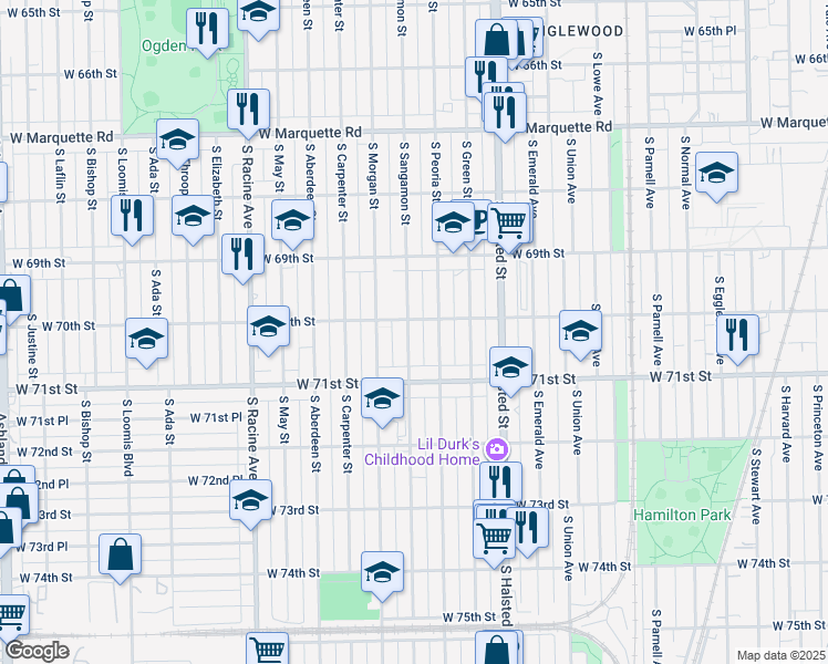 map of restaurants, bars, coffee shops, grocery stores, and more near 7009 South Sangamon Street in Chicago
