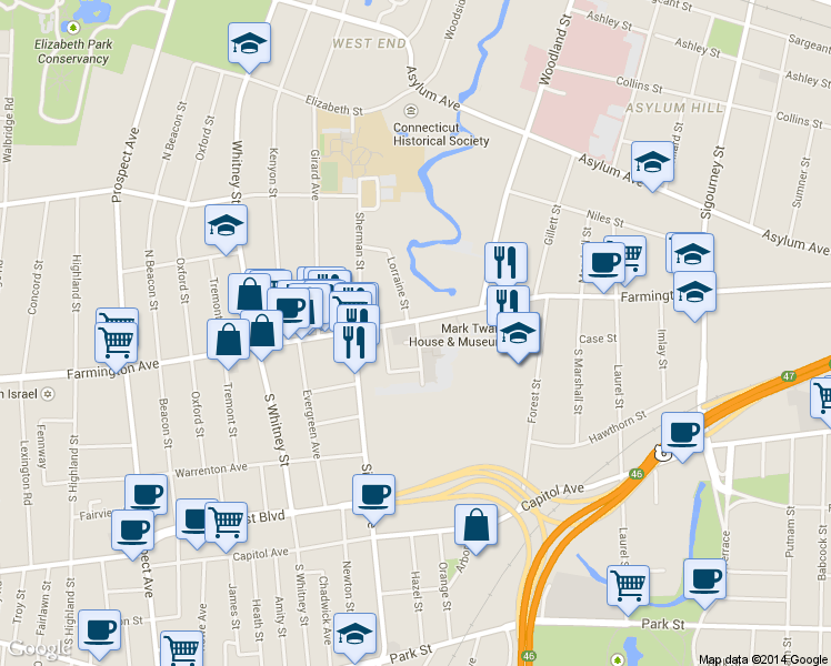 map of restaurants, bars, coffee shops, grocery stores, and more near 25 Owen Street in Hartford