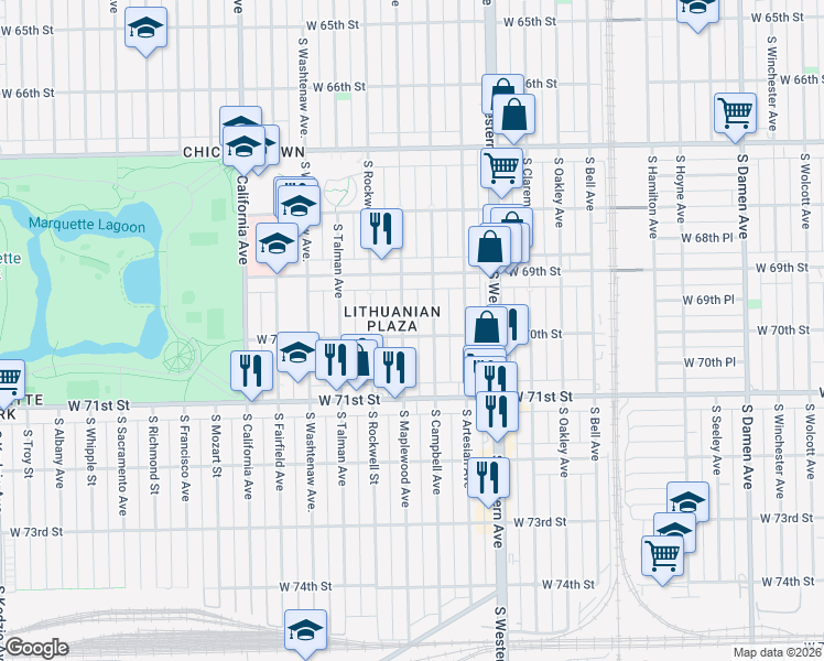 map of restaurants, bars, coffee shops, grocery stores, and more near 6957 South Maplewood Avenue in Chicago