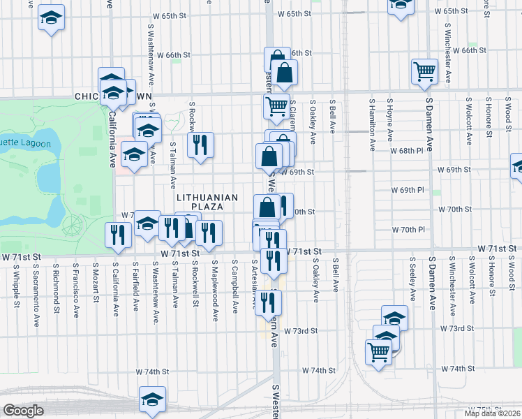 map of restaurants, bars, coffee shops, grocery stores, and more near 2416 West 70th Street in Chicago
