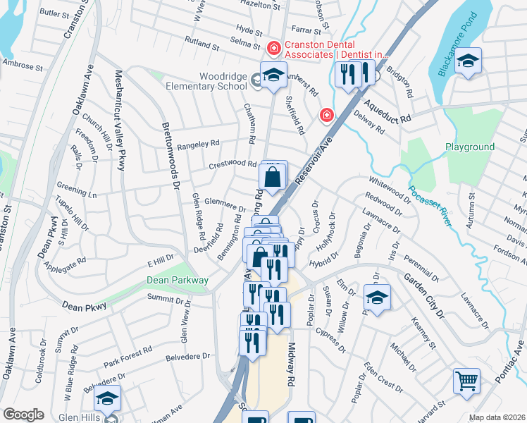 map of restaurants, bars, coffee shops, grocery stores, and more near 1285 Reservoir Avenue in Cranston