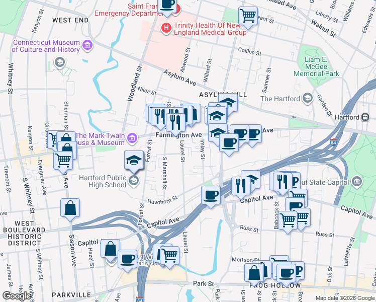 map of restaurants, bars, coffee shops, grocery stores, and more near 39 Imlay Street in Hartford