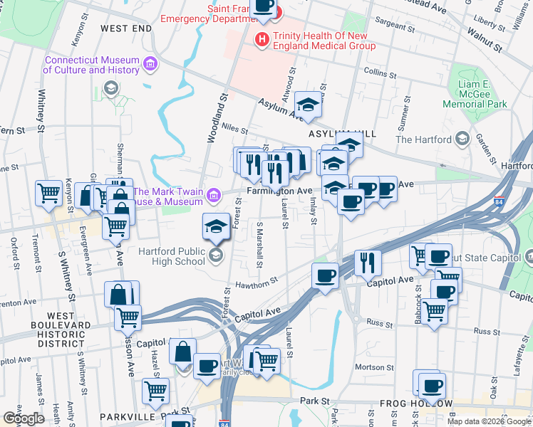 map of restaurants, bars, coffee shops, grocery stores, and more near 225 South Marshall Street in Hartford