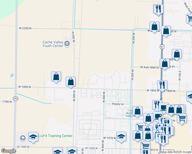 map of restaurants, bars, coffee shops, grocery stores, and more near 48 Lavender Loop in Logan