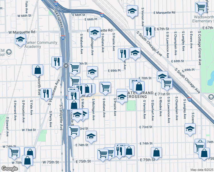 map of restaurants, bars, coffee shops, grocery stores, and more near 7025 South Indiana Avenue in Chicago