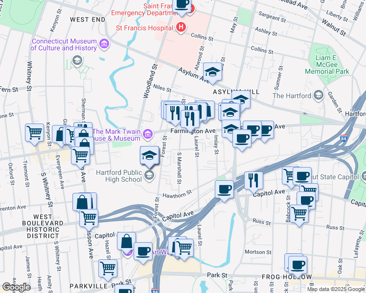 map of restaurants, bars, coffee shops, grocery stores, and more near 256 South Marshall Street in Hartford