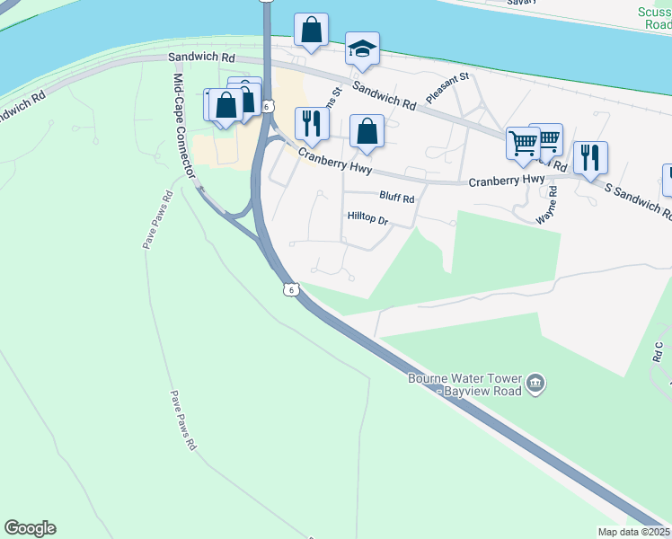map of restaurants, bars, coffee shops, grocery stores, and more near 7 Hillcrest Drive in Bourne