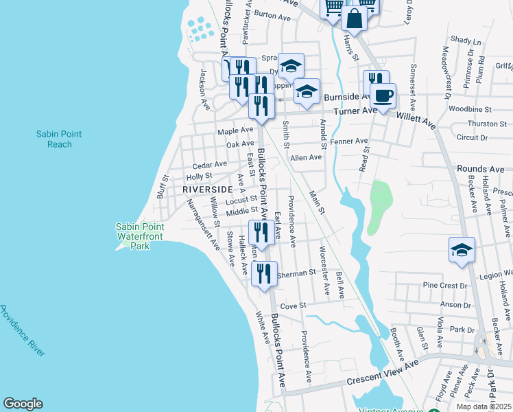 map of restaurants, bars, coffee shops, grocery stores, and more near 478 Bullocks Point Avenue in East Providence