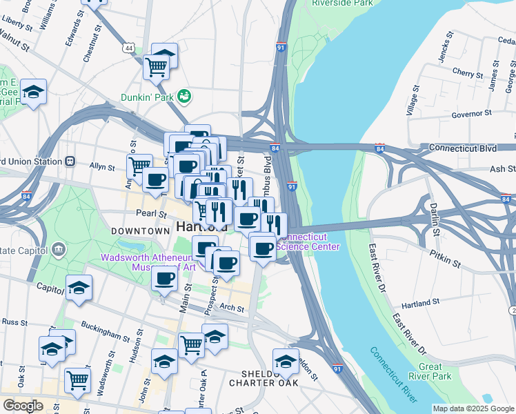 map of restaurants, bars, coffee shops, grocery stores, and more near 5 Constitution Plaza in Hartford
