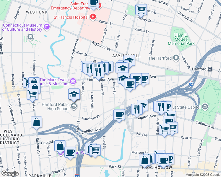 map of restaurants, bars, coffee shops, grocery stores, and more near 39 Imlay Street in Hartford