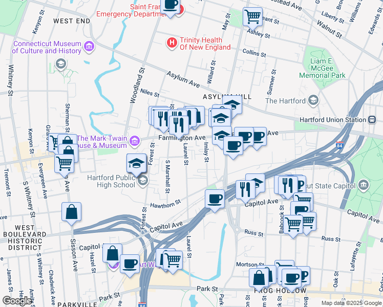 map of restaurants, bars, coffee shops, grocery stores, and more near 39 Imlay Street in Hartford