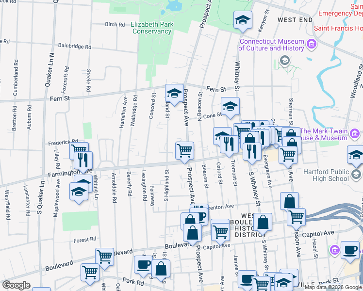 map of restaurants, bars, coffee shops, grocery stores, and more near 674 Farmington Avenue in West Hartford