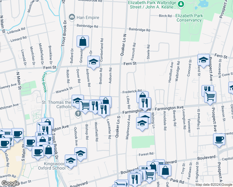 map of restaurants, bars, coffee shops, grocery stores, and more near 35 Quaker Lane South in West Hartford