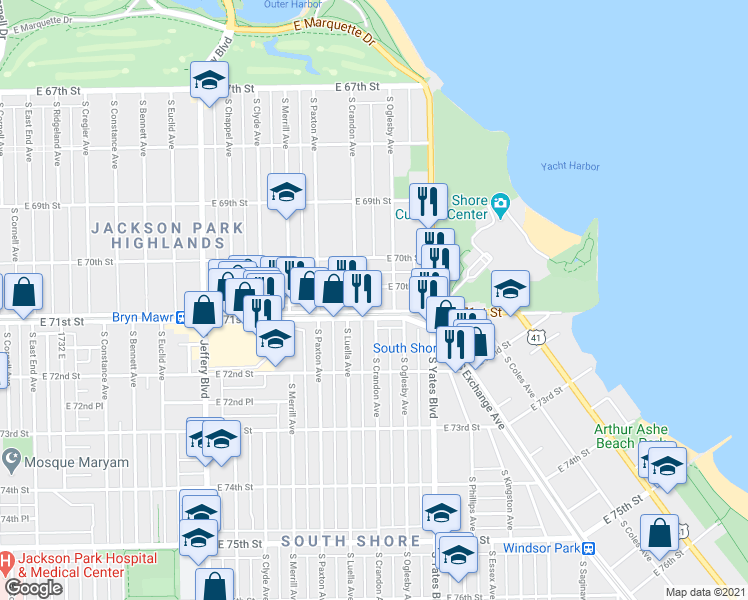 map of restaurants, bars, coffee shops, grocery stores, and more near 2311 East 71st Street in Chicago
