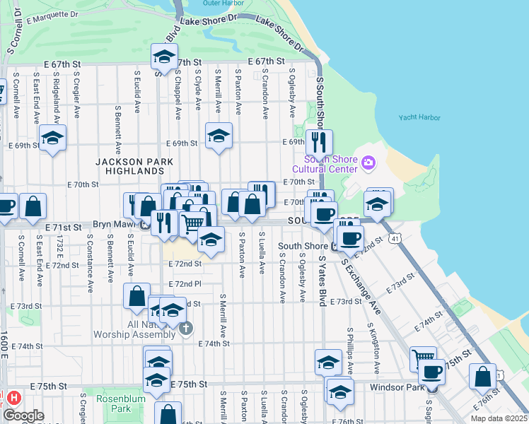 map of restaurants, bars, coffee shops, grocery stores, and more near 2235 East 71st Street in Chicago