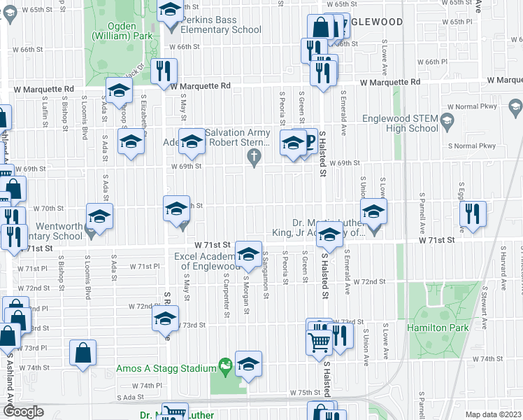 map of restaurants, bars, coffee shops, grocery stores, and more near 7031 South Sangamon Street in Chicago