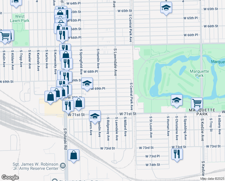 map of restaurants, bars, coffee shops, grocery stores, and more near 3703 West 70th Street in Chicago