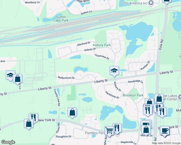 map of restaurants, bars, coffee shops, grocery stores, and more near 2505 Reflections Drive in Aurora