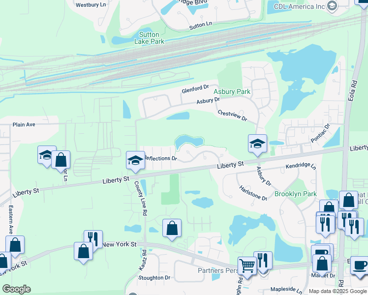 map of restaurants, bars, coffee shops, grocery stores, and more near 2368 Reflections Drive in Aurora