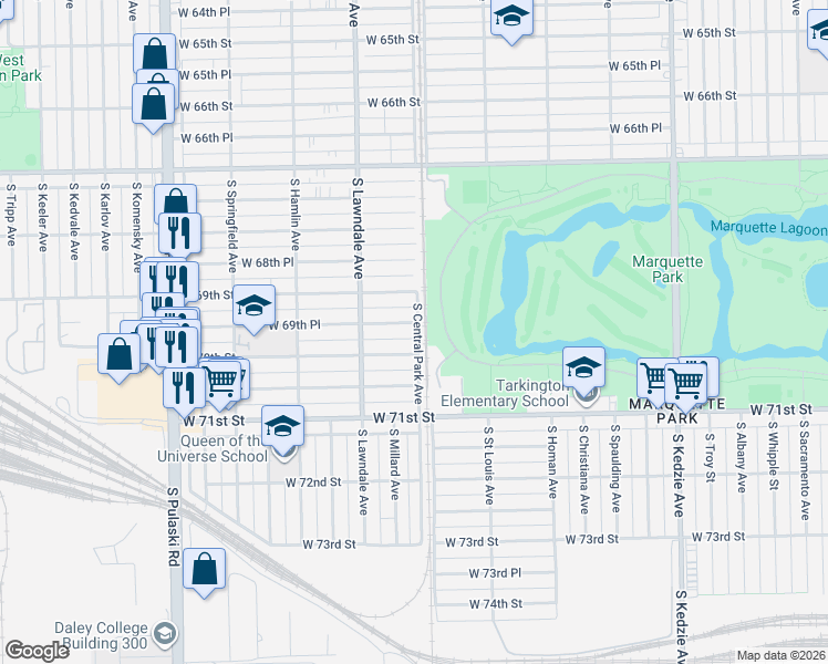 map of restaurants, bars, coffee shops, grocery stores, and more near 3601 West 70th Street in Chicago
