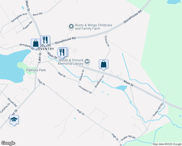 map of restaurants, bars, coffee shops, grocery stores, and more near 1081 Main Street in Coventry