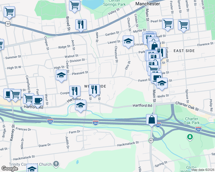 map of restaurants, bars, coffee shops, grocery stores, and more near 63 Elm Street in Manchester