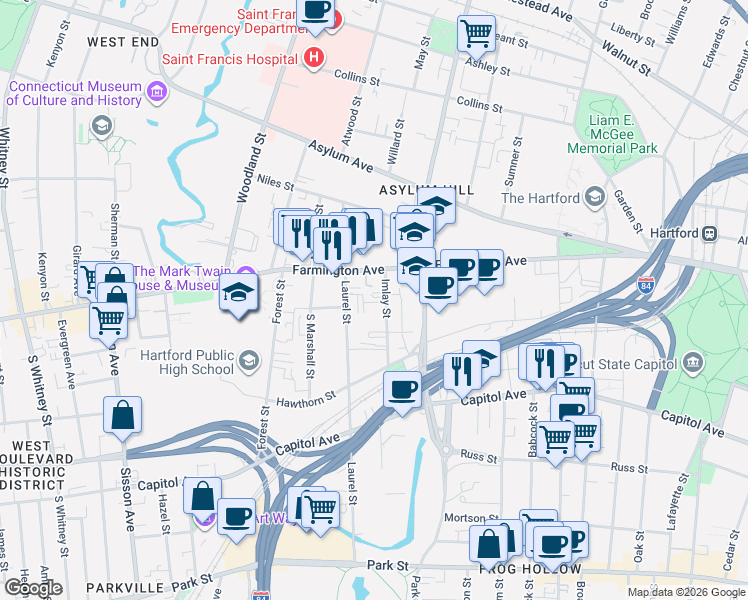 map of restaurants, bars, coffee shops, grocery stores, and more near 39 Imlay Street in Hartford