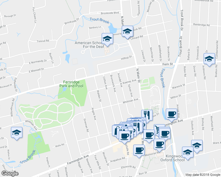 map of restaurants, bars, coffee shops, grocery stores, and more near 93 Keeney Avenue in West Hartford