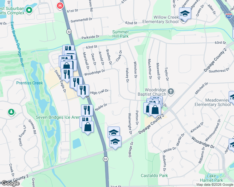 map of restaurants, bars, coffee shops, grocery stores, and more near 6614 Woodridge Drive in Woodridge