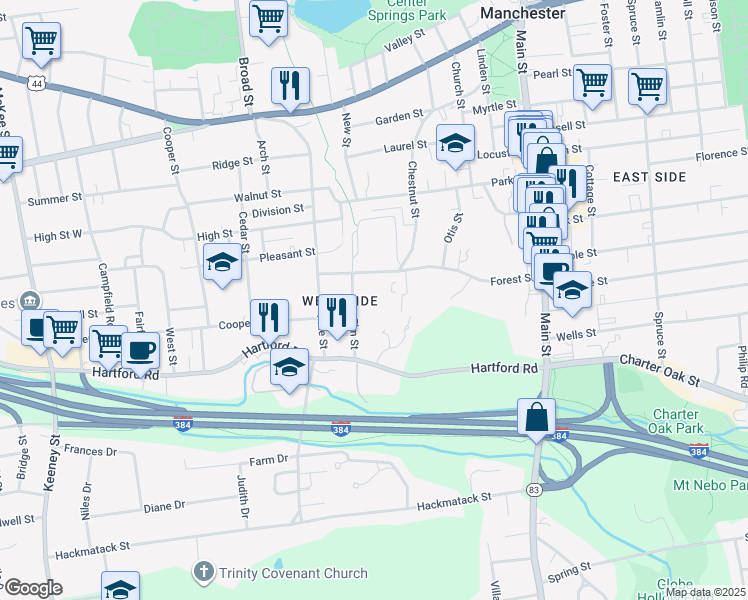 map of restaurants, bars, coffee shops, grocery stores, and more near 63 Elm Street in Manchester