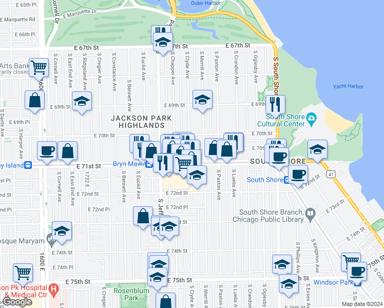 map of restaurants, bars, coffee shops, grocery stores, and more near 7043 South Clyde Avenue in Chicago
