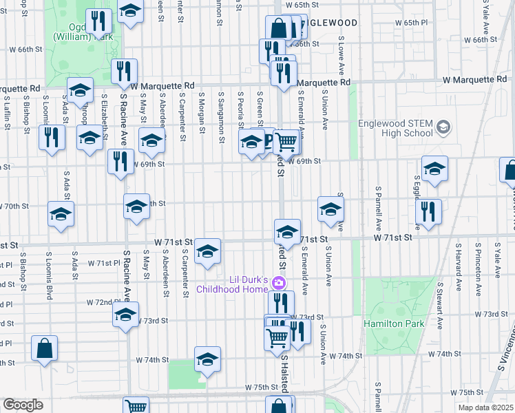 map of restaurants, bars, coffee shops, grocery stores, and more near 6945 South Peoria Street in Chicago